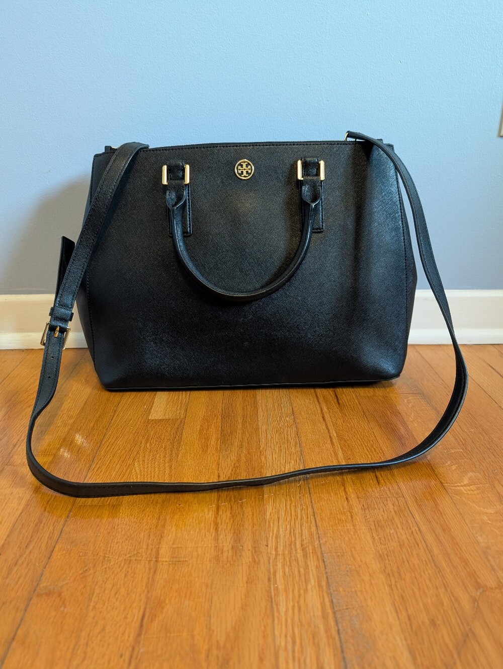 Tory Burch Black Saffiano Leather Robinson Double Zip Tote Satchel Crossbody